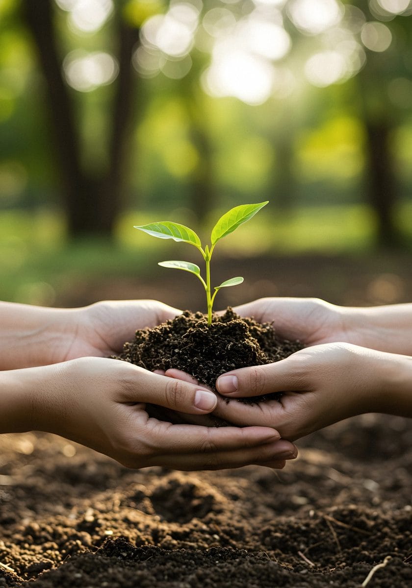 Duas pessoas seguram juntas uma muda de planta com terra nas mãos